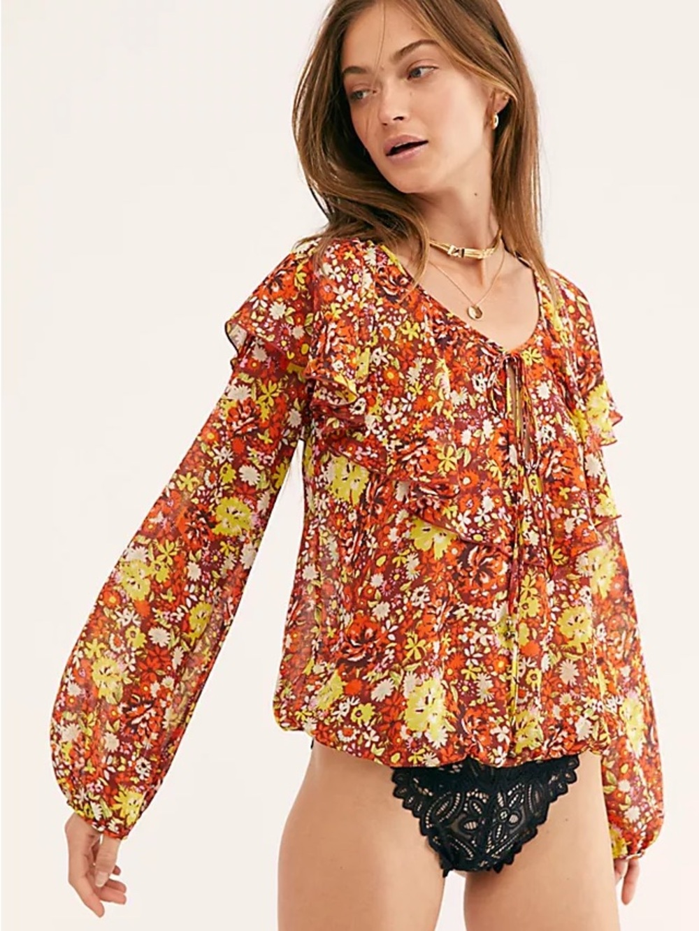 Free People Say it to me Floral Ruffle Tie-Front Blouse in Rust and Yellow